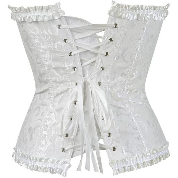 Pin Up White Jacquard Floral Lace Up Boned Frilly Corset Bustier Top S - Picture 4 of 16